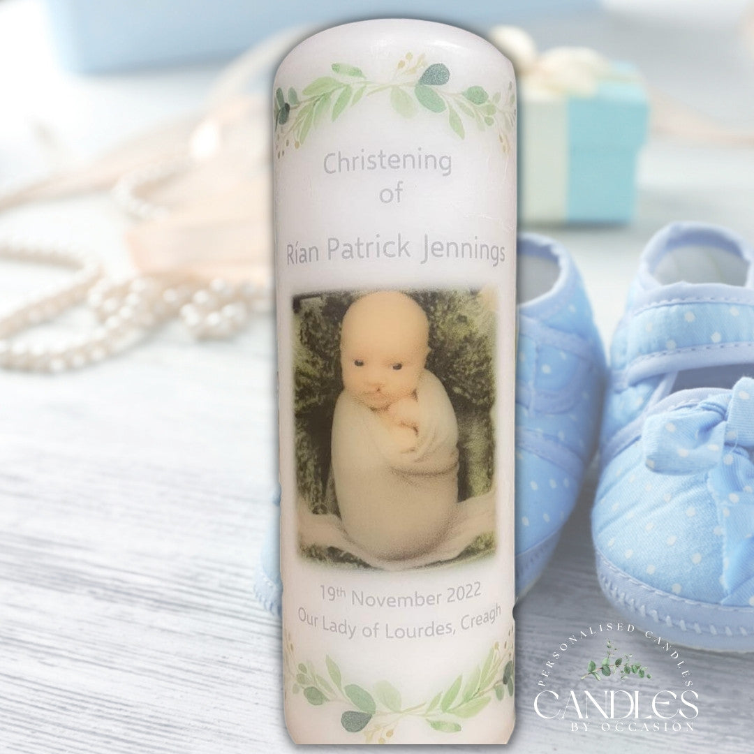 Boy Green Floral Christening Naming Day Candle - Candles by Occasion