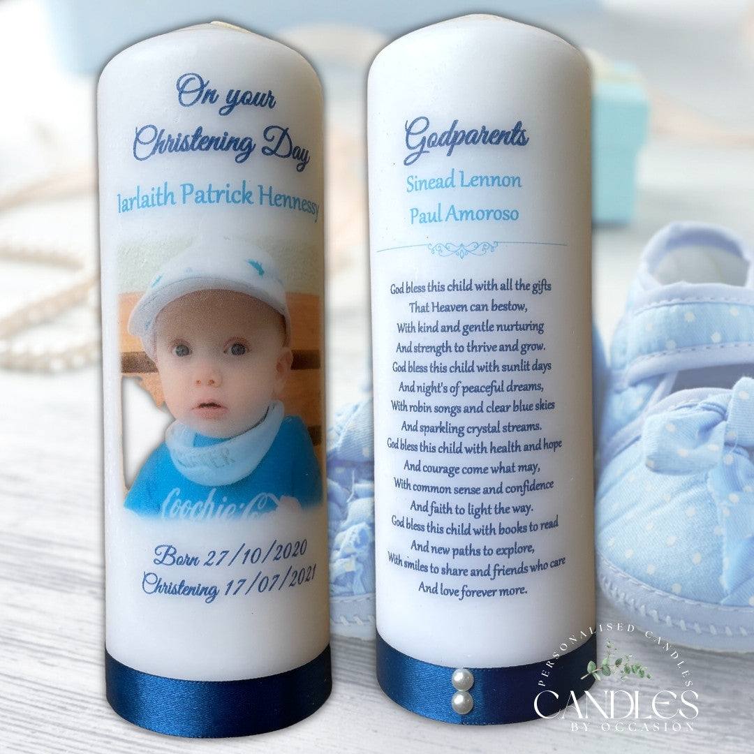 Boy Photo Blue Christening Naming Day Candle - Candles by Occasion