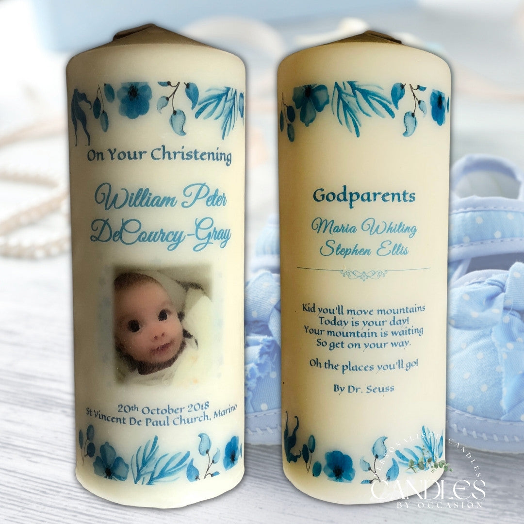 Boy Photo Blue Floral Christening Naming Day Candle - Candles by Occasion