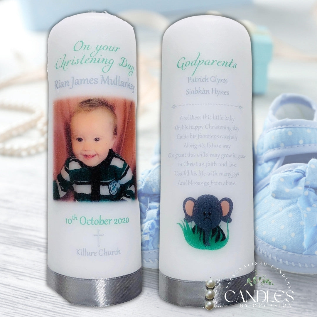Boy Photo Green Elephant Christening Naming Day Candle - Candles by Occasion