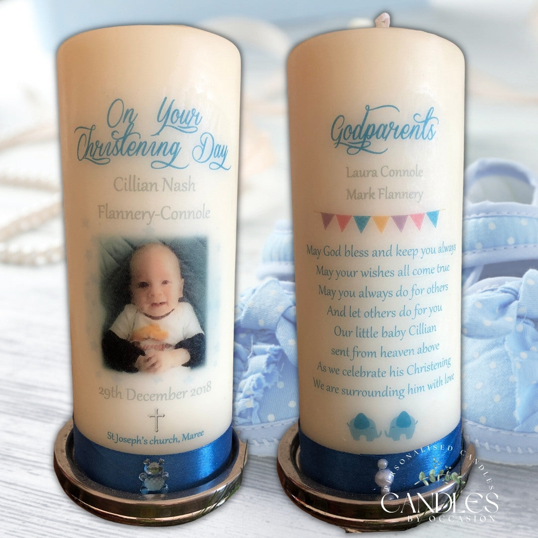 Boy Photo with Elephant Christening Naming Day Candle - Candles by Occasion