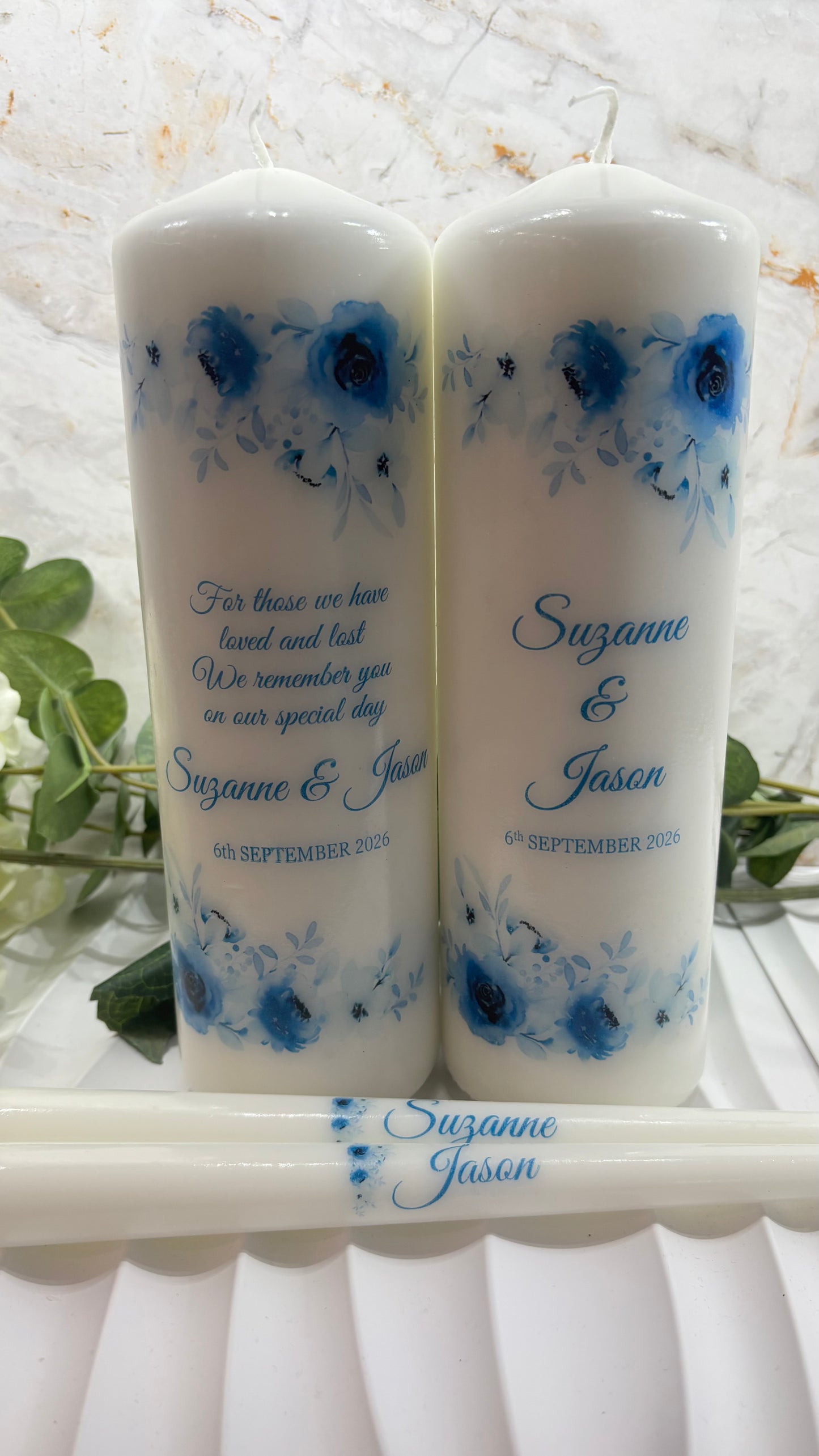 Watercolour Floral Blue Wedding Unity Candles