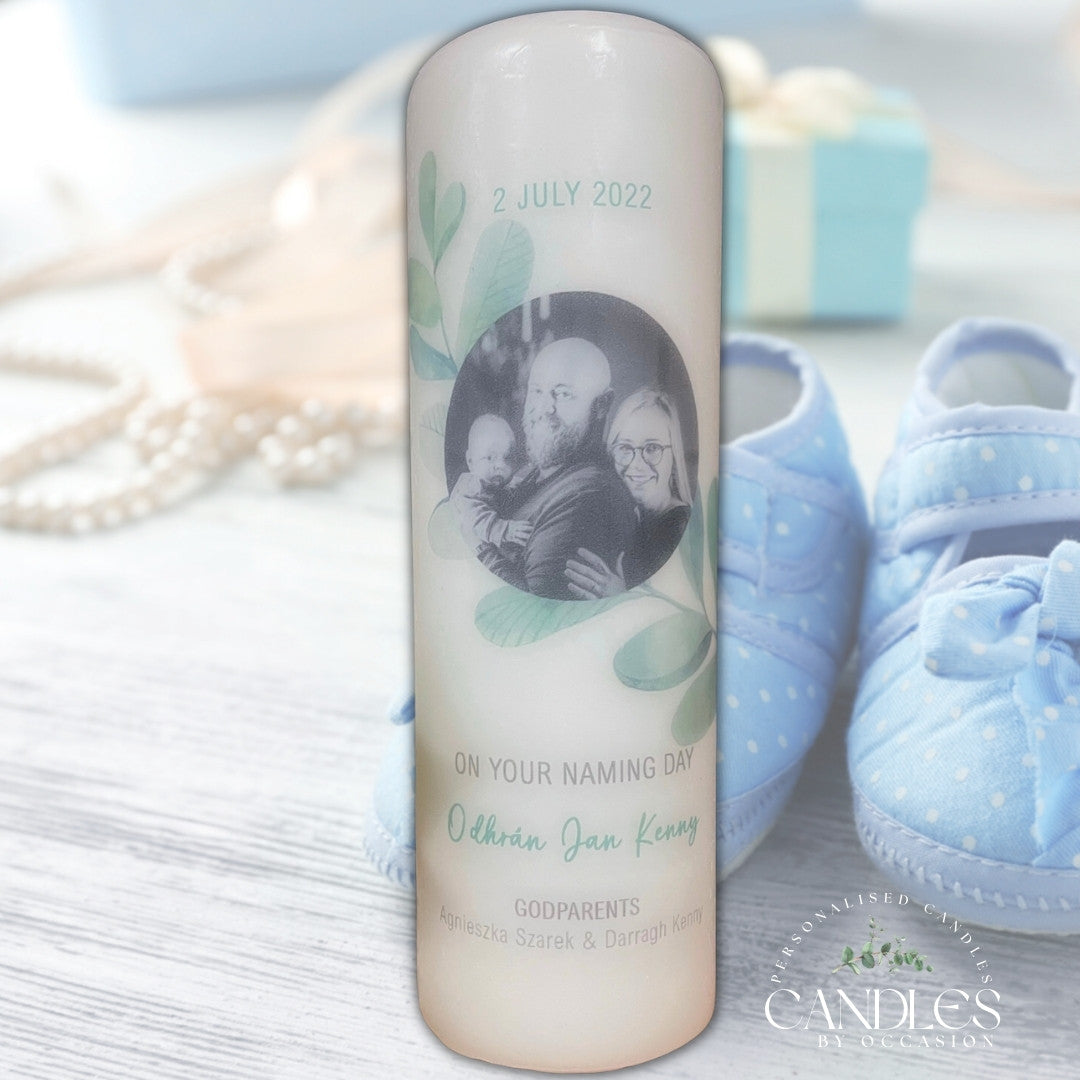 Eucalyptus Leaves Christening Naming Day Candle - Candles by Occasion