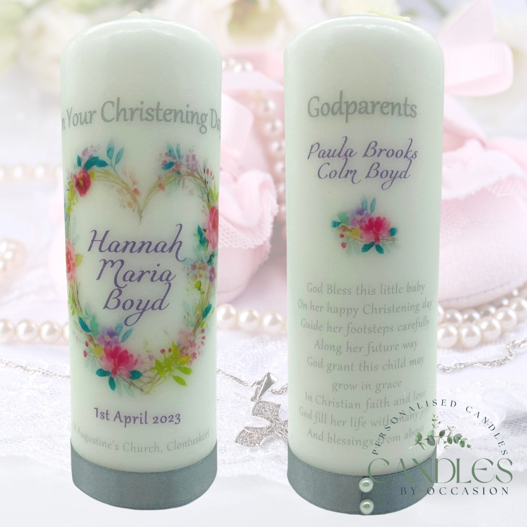 Floral Heart Grey Christening Naming Day Candle - Candles by Occasion