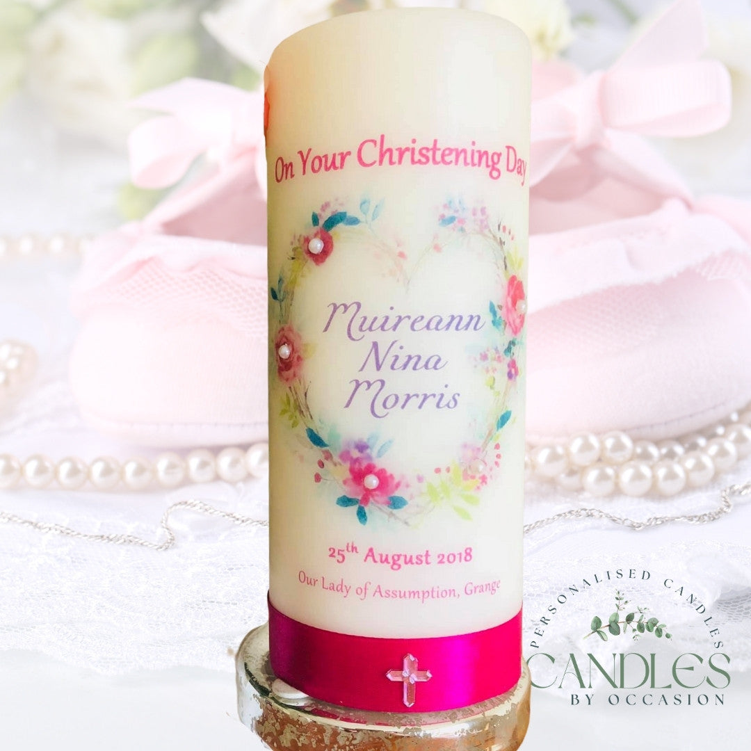 Floral Heart Pink Christening Naming Day Candle - Candles by Occasion