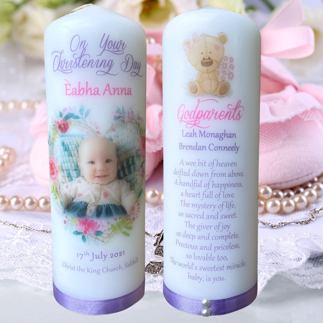 Floral Heart Purple Christening Naming Day Candle - Candles by Occasion