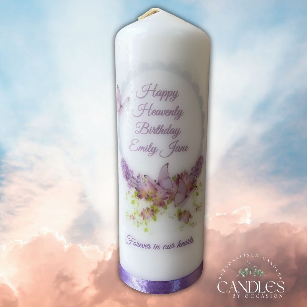 Purple Butterflies Happy Heavenly Birthday Candle - Candles by Occasion