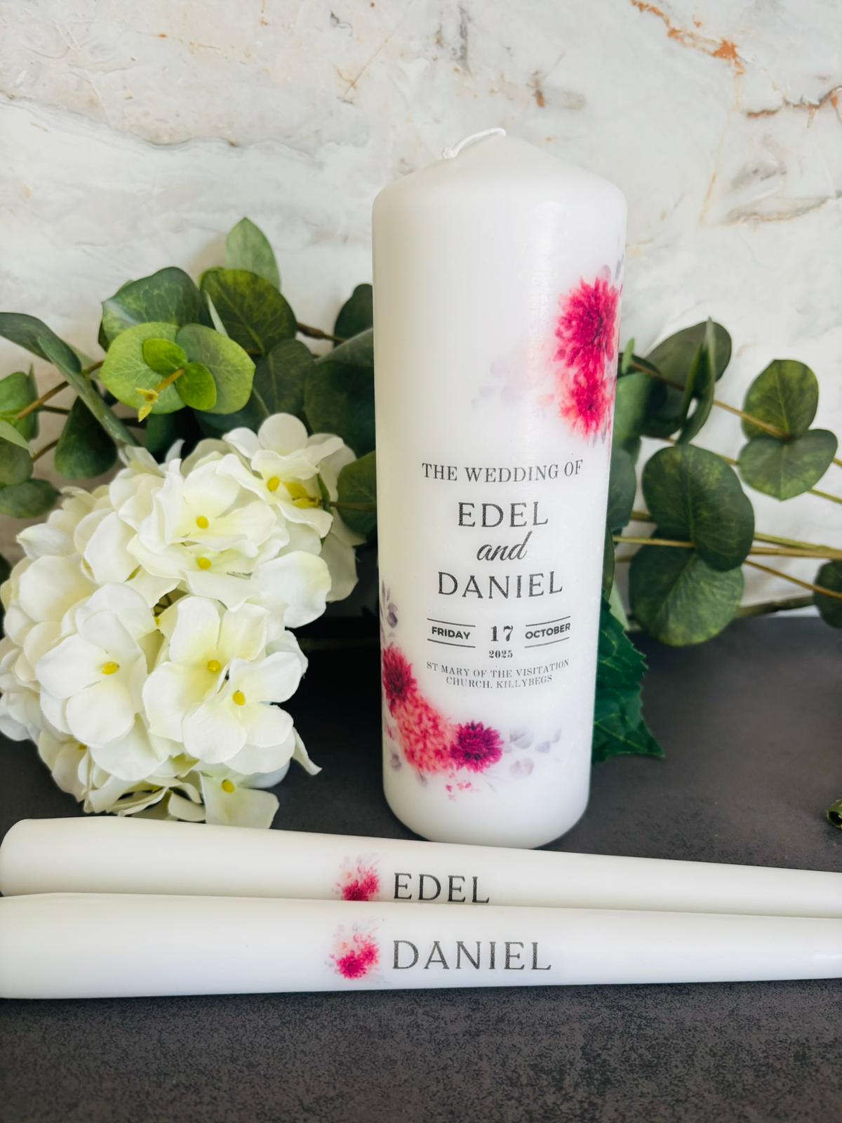 Burgundy Blush Personalized candles with floral design