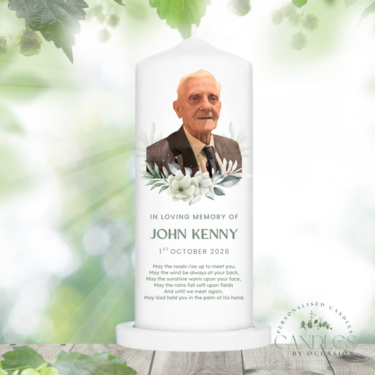 Sage Green Floral Photo Design Personalised Memorial Remembrance Candle