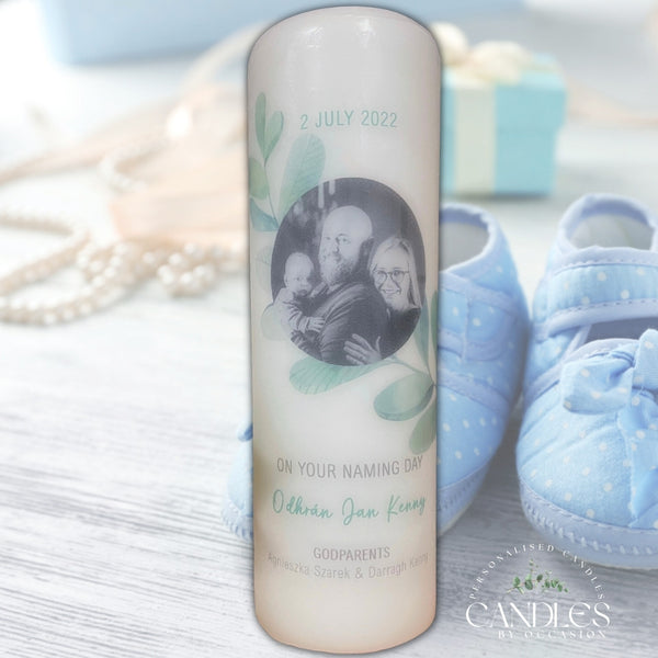 Eucalyptus Leaves Christening Naming Day Candle - Candles by Occasion