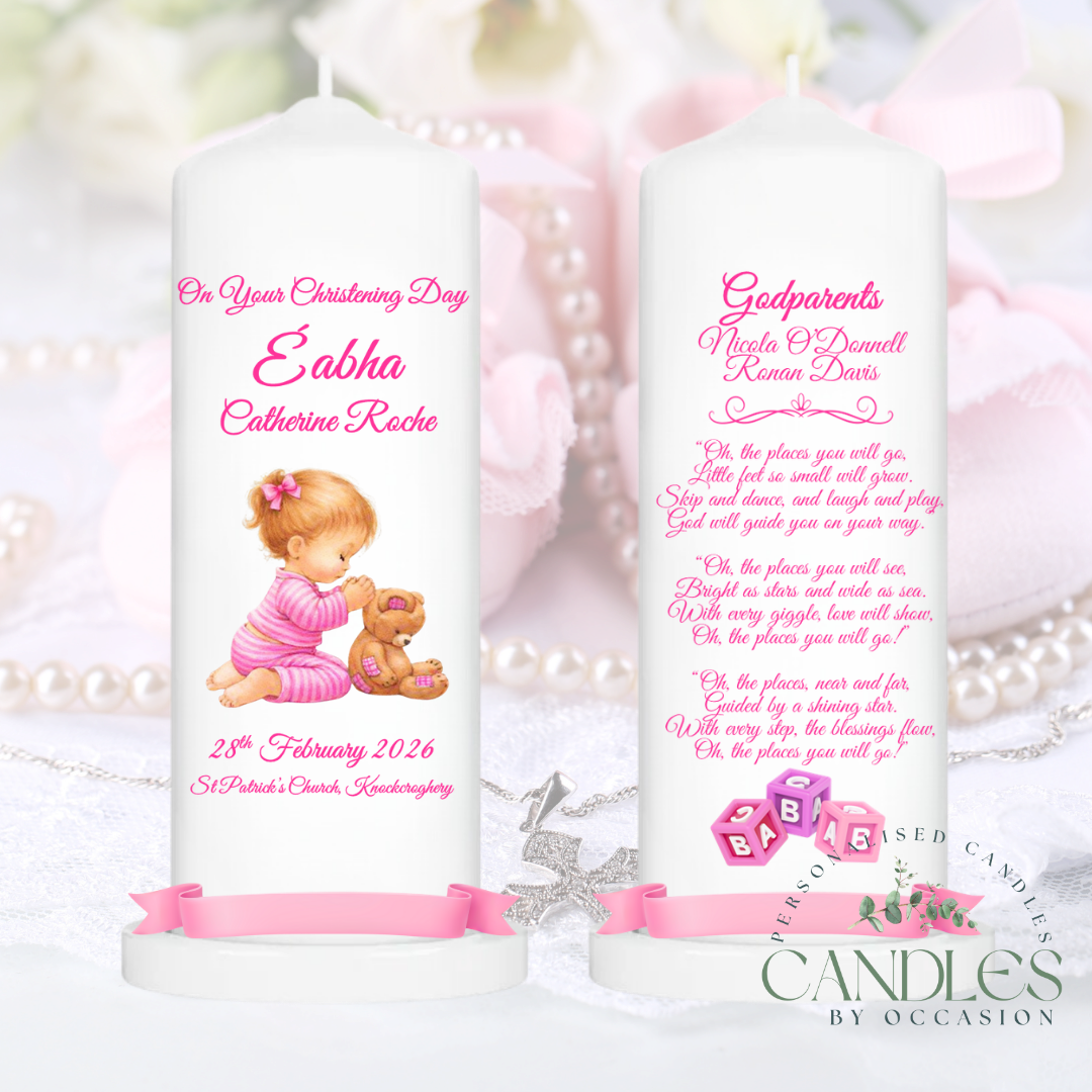 Pink Teddybear Christening Naming Day Candle