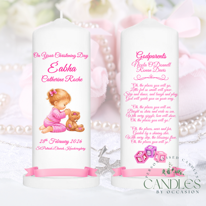 Pink Teddybear Christening Naming Day Candle