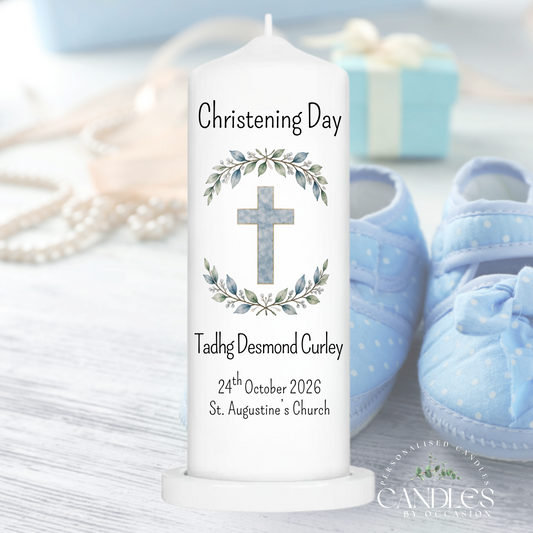 Blue Watercolour Cross & Eucalyptus Christening Naming Day Candle