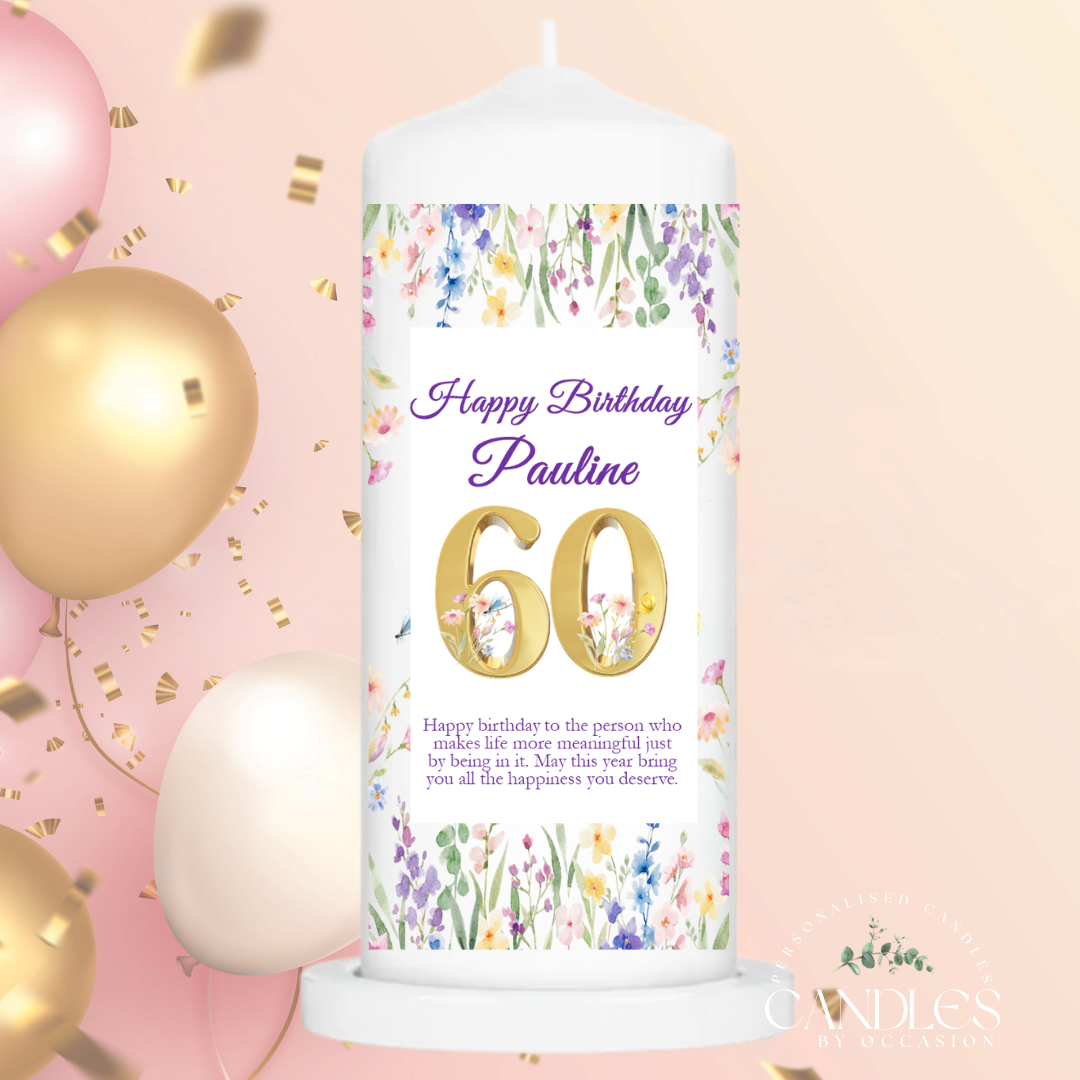 Watercolour Floral 60 Birthday Candle