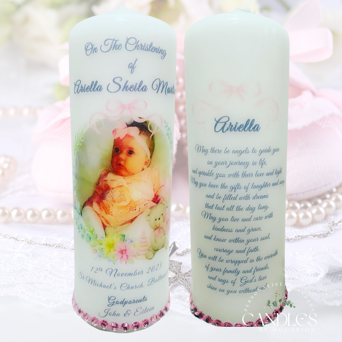 Pink Bow & Diamonds Christening Naming Day Candle