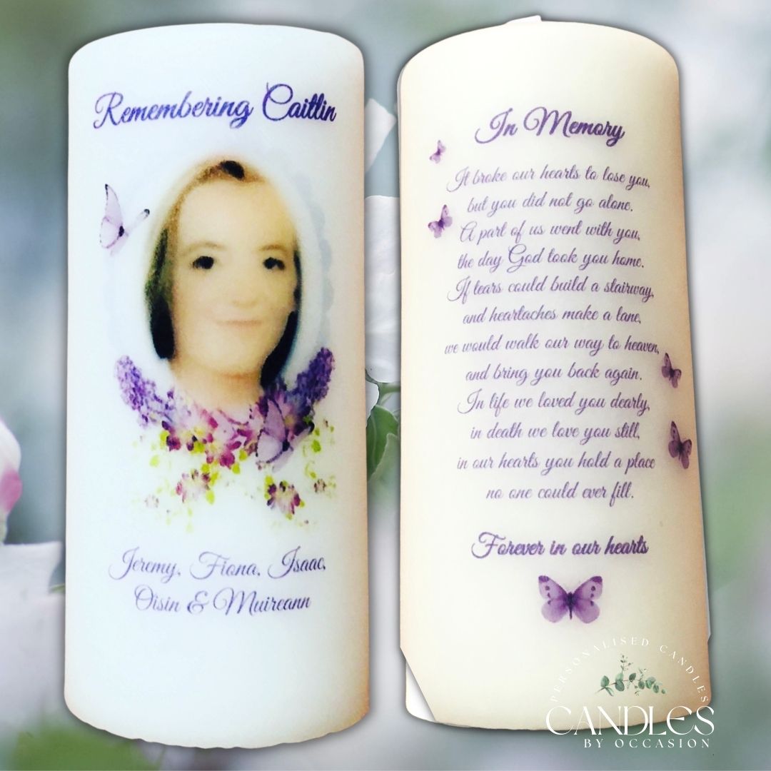 Purple Floral Photo Memorial Remembrance Candle - Candles by Occasion