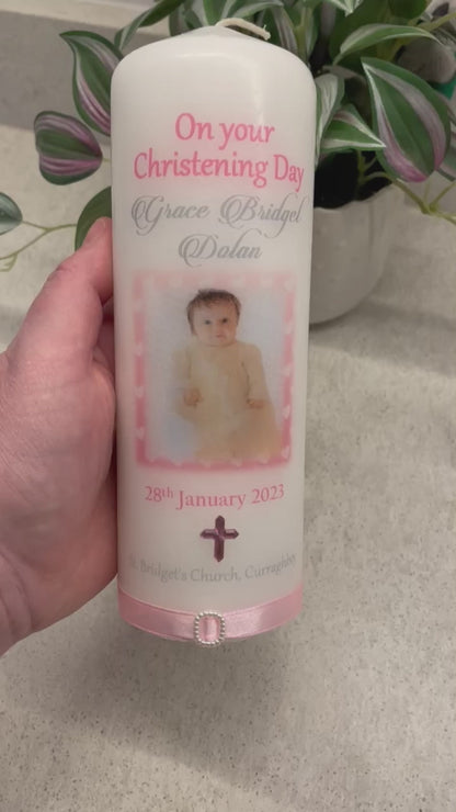 Pink Hearts Christening Naming Day Candle